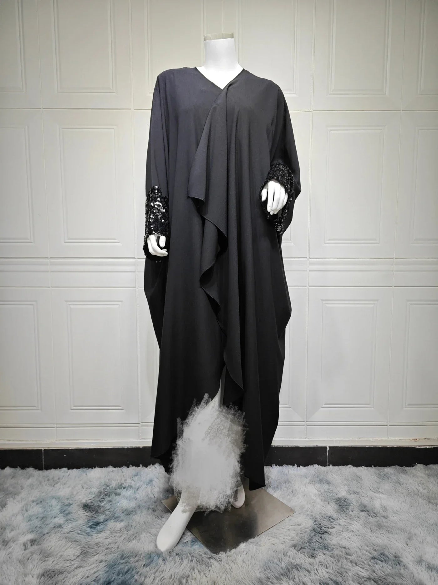 LM098 Sparkling Khaleeji Abaya Cardigan with Sequins | Modest Eid Dress - LM098-Black-FREE SIZE LumosModesty
