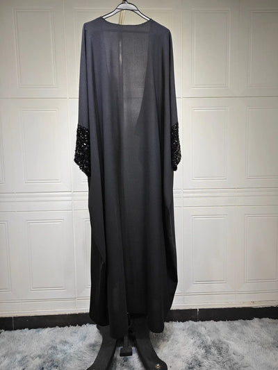 LM098 Sparkling Khaleeji Abaya Cardigan with Sequins | Modest Eid Dress - LM098-Black-FREE SIZE LumosModesty