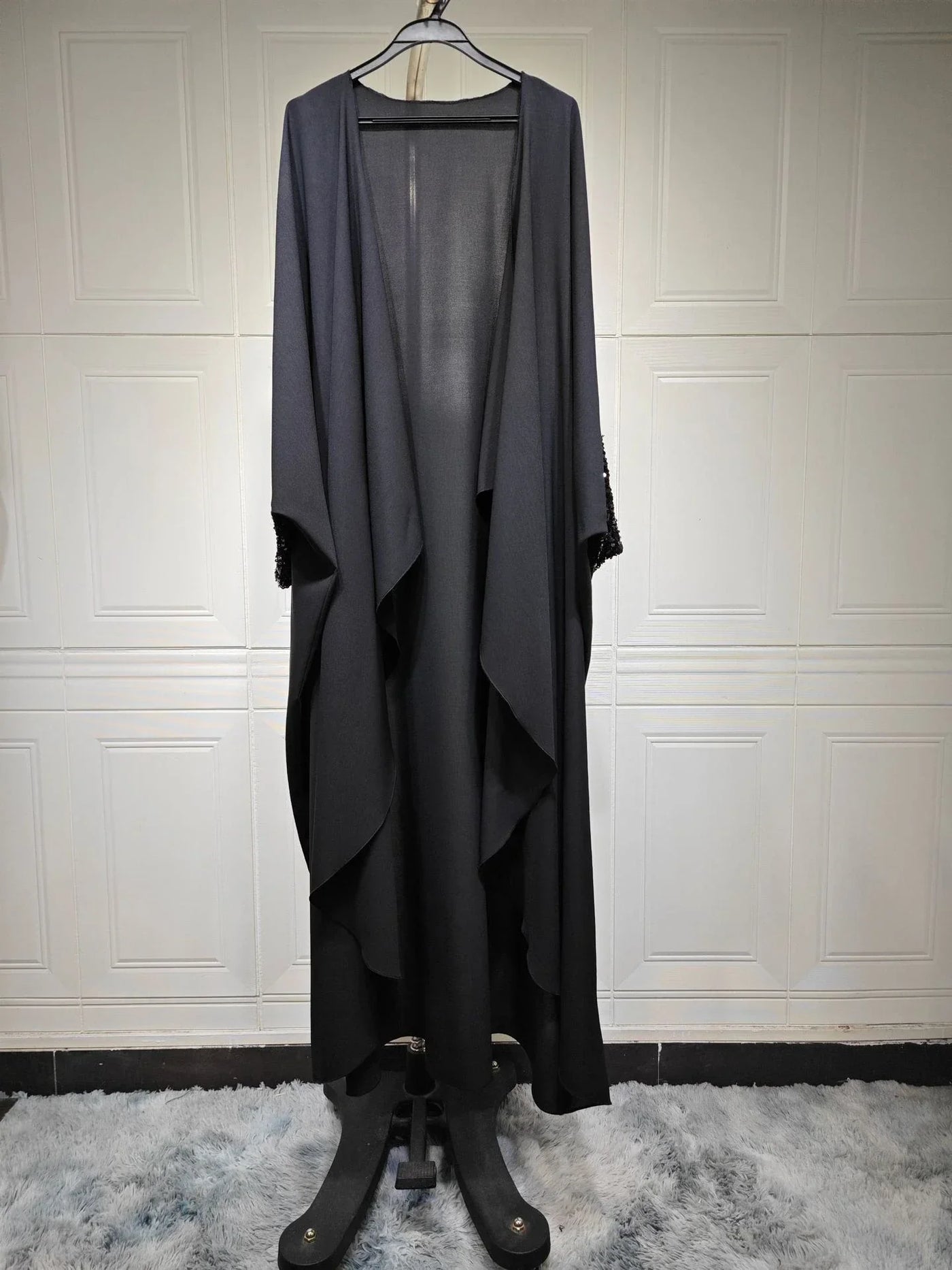 LM098 Sparkling Khaleeji Abaya Cardigan with Sequins | Modest Eid Dress - LM098-Black-FREE SIZE LumosModesty