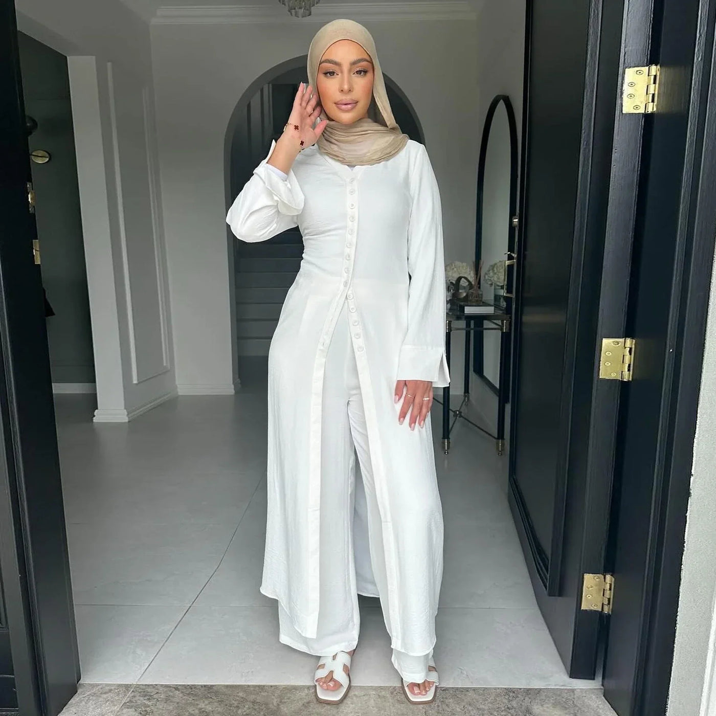 LM099 Ironless Co-ord Set – Crepe Abaya & Jazz Pants | Modest Eid Style - LM099-Taupe-XS/S LumosModesty