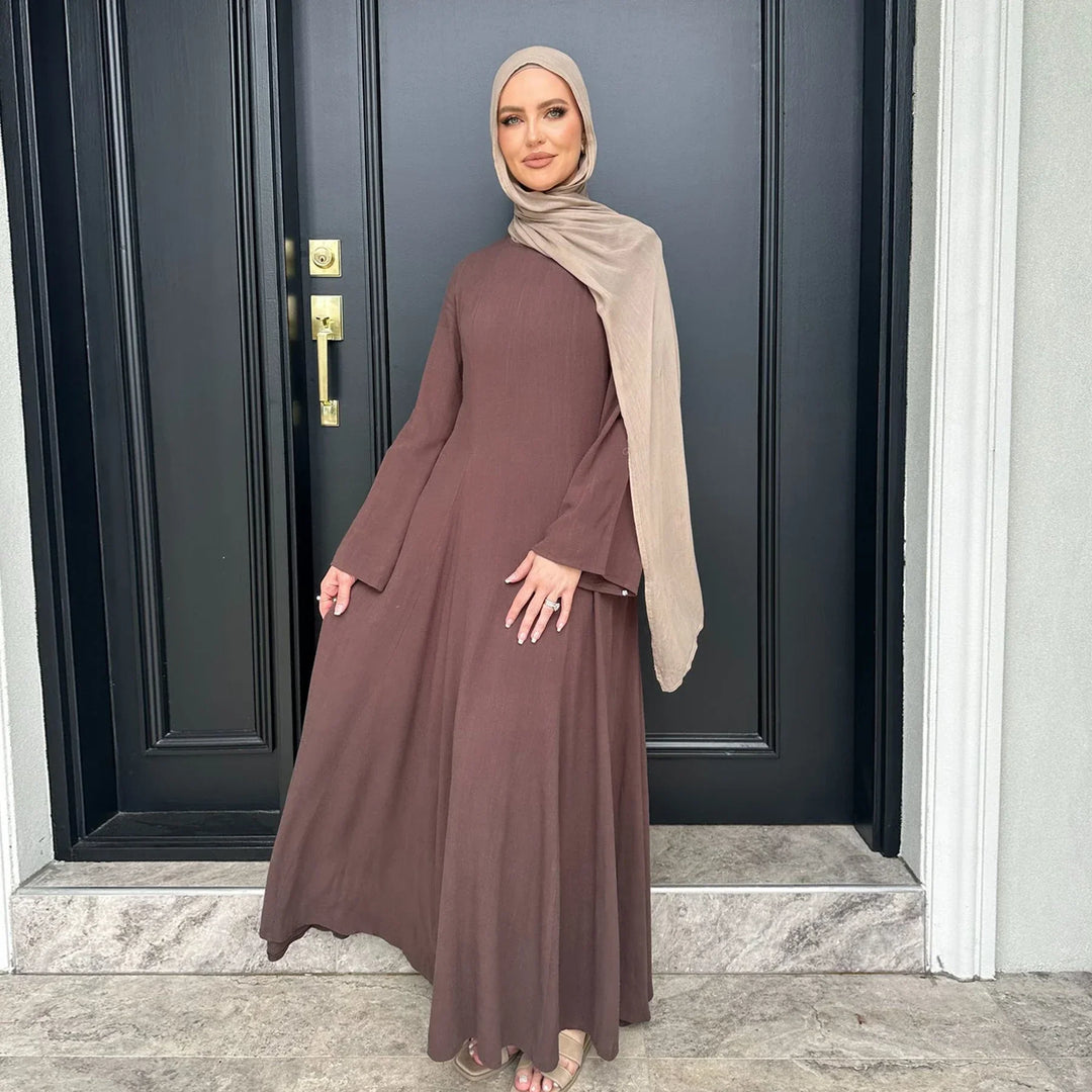 Slim Fit Cotton-Linen Abaya LM100 – Modest Tie-Back Eid Dress – LumosModesty