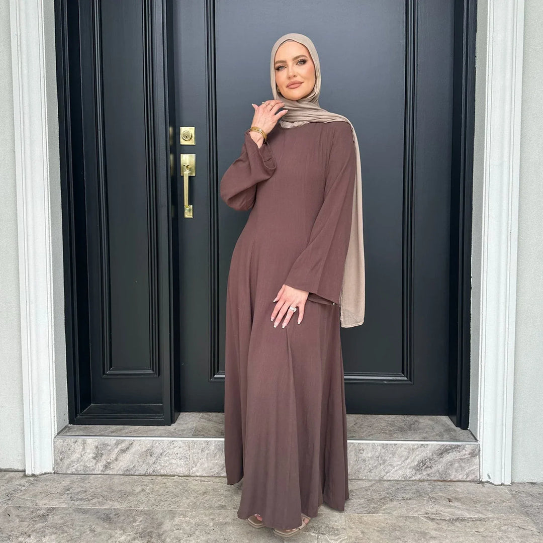 Slim Fit Cotton-Linen Abaya LM100 – Modest Tie-Back Eid Dress – LumosModesty