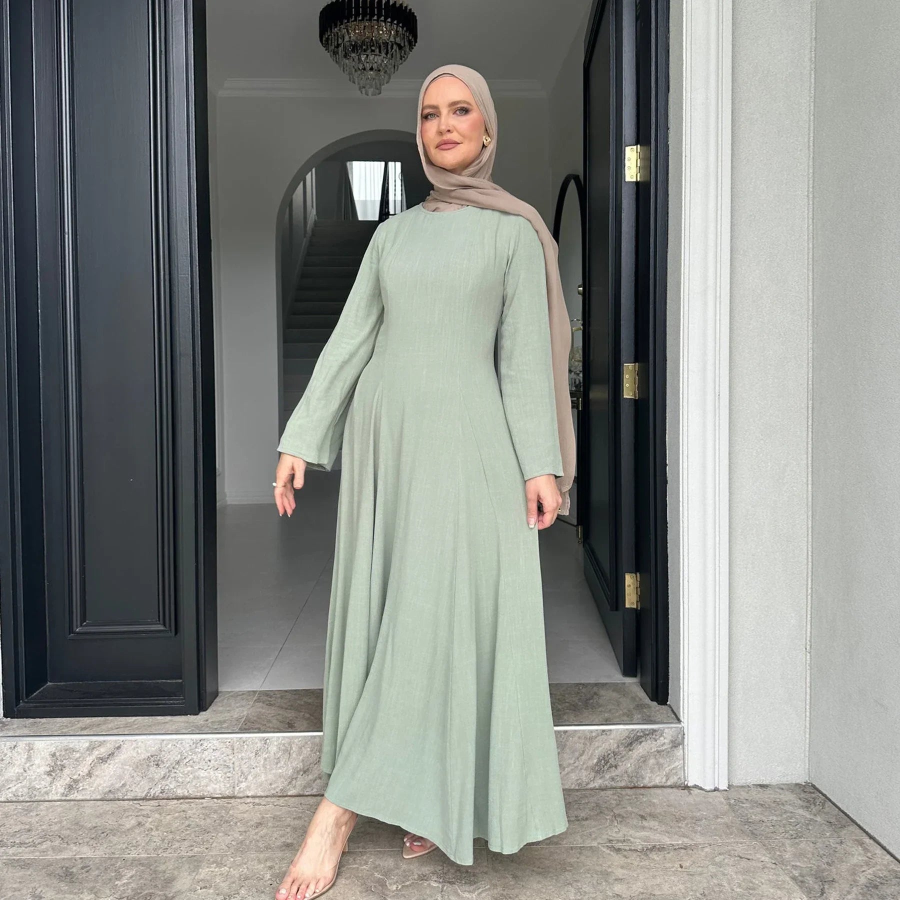 LM100 Elegant Cotton‑Linen Abaya Light Green