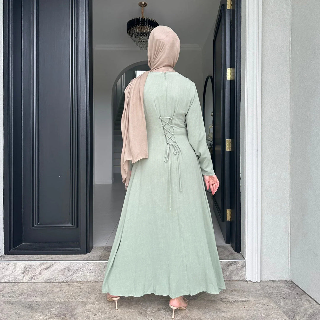 Slim Fit Cotton-Linen Abaya LM100 – Modest Tie-Back Eid Dress – LumosModesty