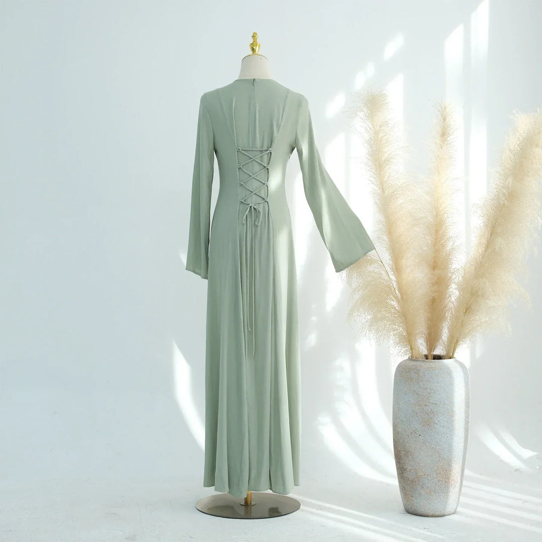 Slim Fit Cotton-Linen Abaya LM100 Modest Tie-Back Eid Dress LumosModesty Slim Fit Cotton-Linen Abaya LM100 Modest Tie-Back Eid Dress LumosModesty