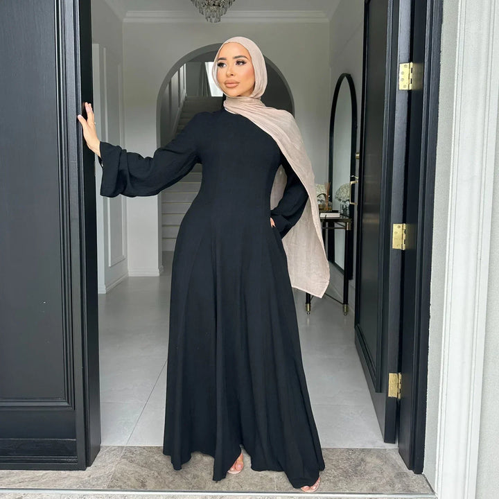 Slim Fit Cotton-Linen Abaya LM100 Modest Tie-Back Eid Dress LumosModesty Slim Fit Cotton-Linen Abaya LM100 Modest Tie-Back Eid Dress LumosModesty