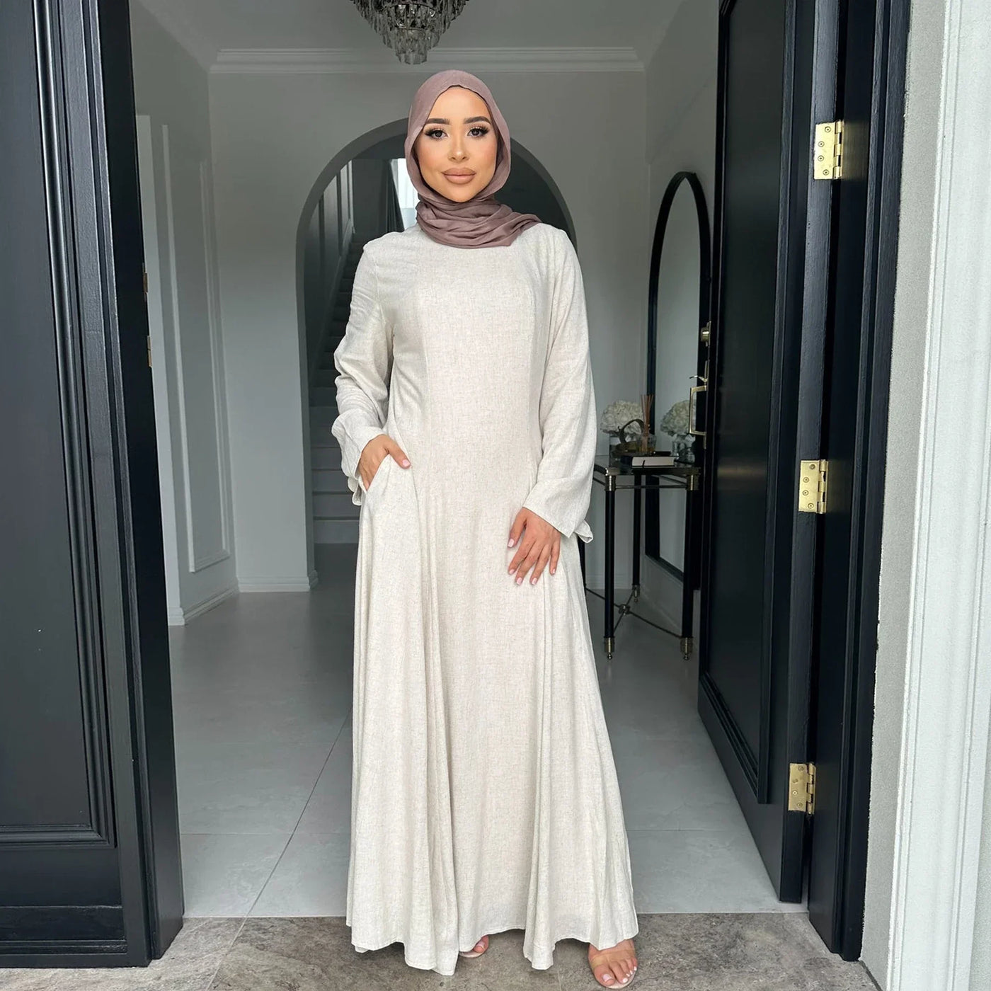 LM100 Elegant Tie-back Linen Cotton Abaya – Slim Fit, Size Up for Comfort | Modest Eid Dress - LM100-Light Green-S (52) LumosModesty