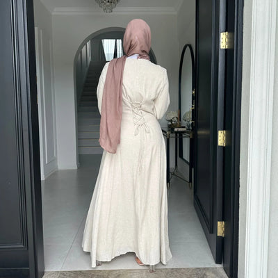 LM100 Elegant Tie-back Linen Cotton Abaya – Slim Fit, Size Up for Comfort | Modest Eid Dress - LM100-Light Green-S (52) LumosModesty
