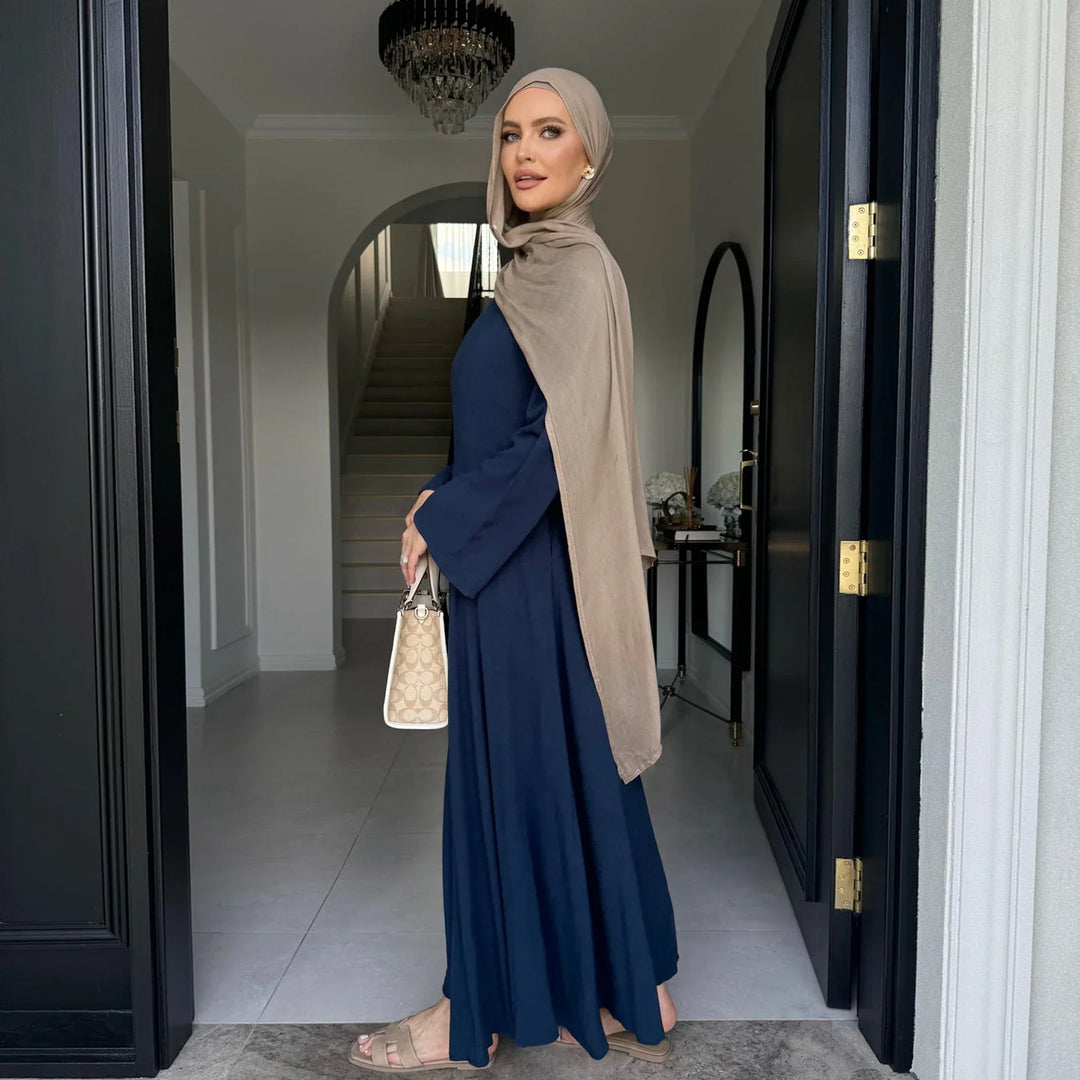 Slim Fit Cotton-Linen Abaya LM100 – Modest Tie-Back Eid Dress – LumosModesty