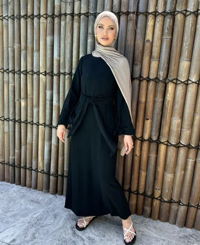LM101 Summer Abaya Dress with Tie Waist | Lightweight Linen Cotton Blend - LM101-Beige-S (52) LumosModesty