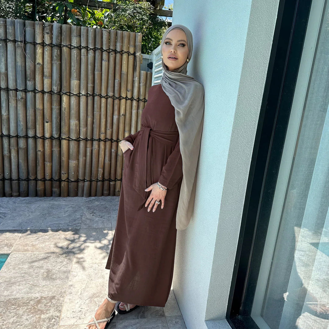 Summer Abaya Dress with Tie Waist  LM101 Linen Cotton Blend  LumosModesty