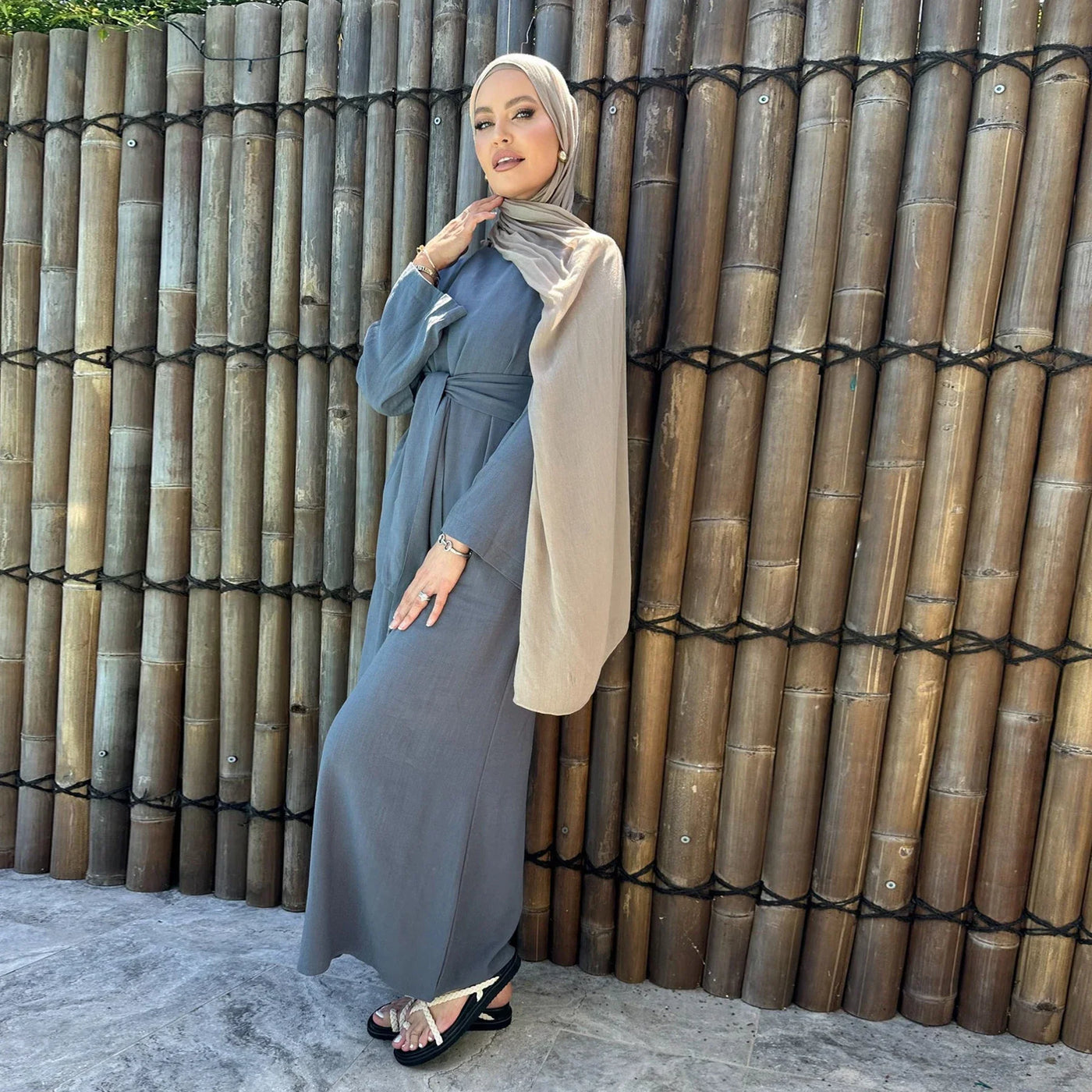 LM101 Summer Abaya Dress with Tie Waist | Lightweight Linen Cotton Blend - LM101-Beige-S (52) LumosModesty