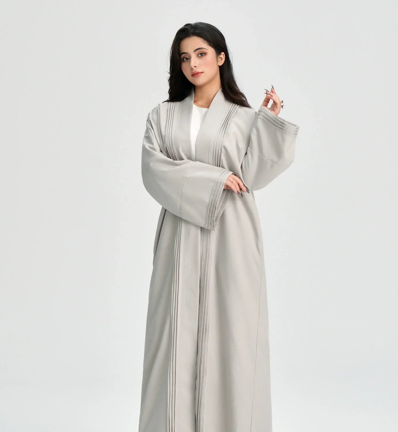 LM110 Linen Textured Pleated Abaya with Pockets | Modest Open Cardigan Dress - LM110-Grey-S (52)-Cardigan Only LumosModesty