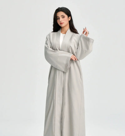 LM110 Linen Textured Pleated Abaya with Pockets | Modest Open Cardigan Dress - LM110-Grey-S (52)-Cardigan Only LumosModesty