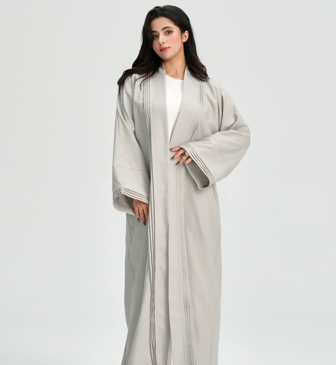 LM110 Linen Textured Pleated Abaya with Pockets | Modest Open Cardigan Dress - LM110-Grey-S (52)-Cardigan Only LumosModesty