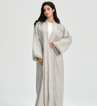 LM110 Linen Textured Pleated Abaya with Pockets | Modest Open Cardigan Dress - LM110-Grey-S (52)-Cardigan Only LumosModesty