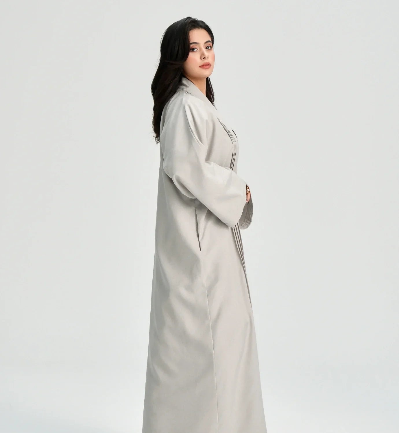 LM110 Linen Textured Pleated Abaya with Pockets | Modest Open Cardigan Dress - LM110-Grey-S (52)-Cardigan Only LumosModesty