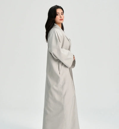 LM110 Linen Textured Pleated Abaya with Pockets | Modest Open Cardigan Dress - LM110-Grey-S (52)-Cardigan Only LumosModesty