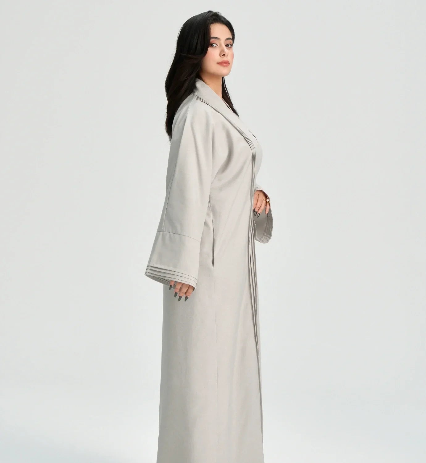 LM110 Linen Textured Pleated Abaya with Pockets | Modest Open Cardigan Dress - LM110-Grey-S (52)-Cardigan Only LumosModesty