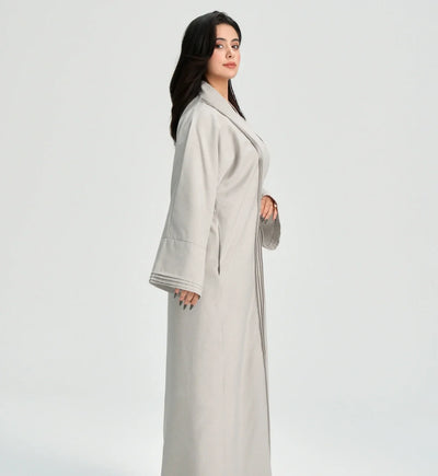 LM110 Linen Textured Pleated Abaya with Pockets | Modest Open Cardigan Dress - LM110-Grey-S (52)-Cardigan Only LumosModesty