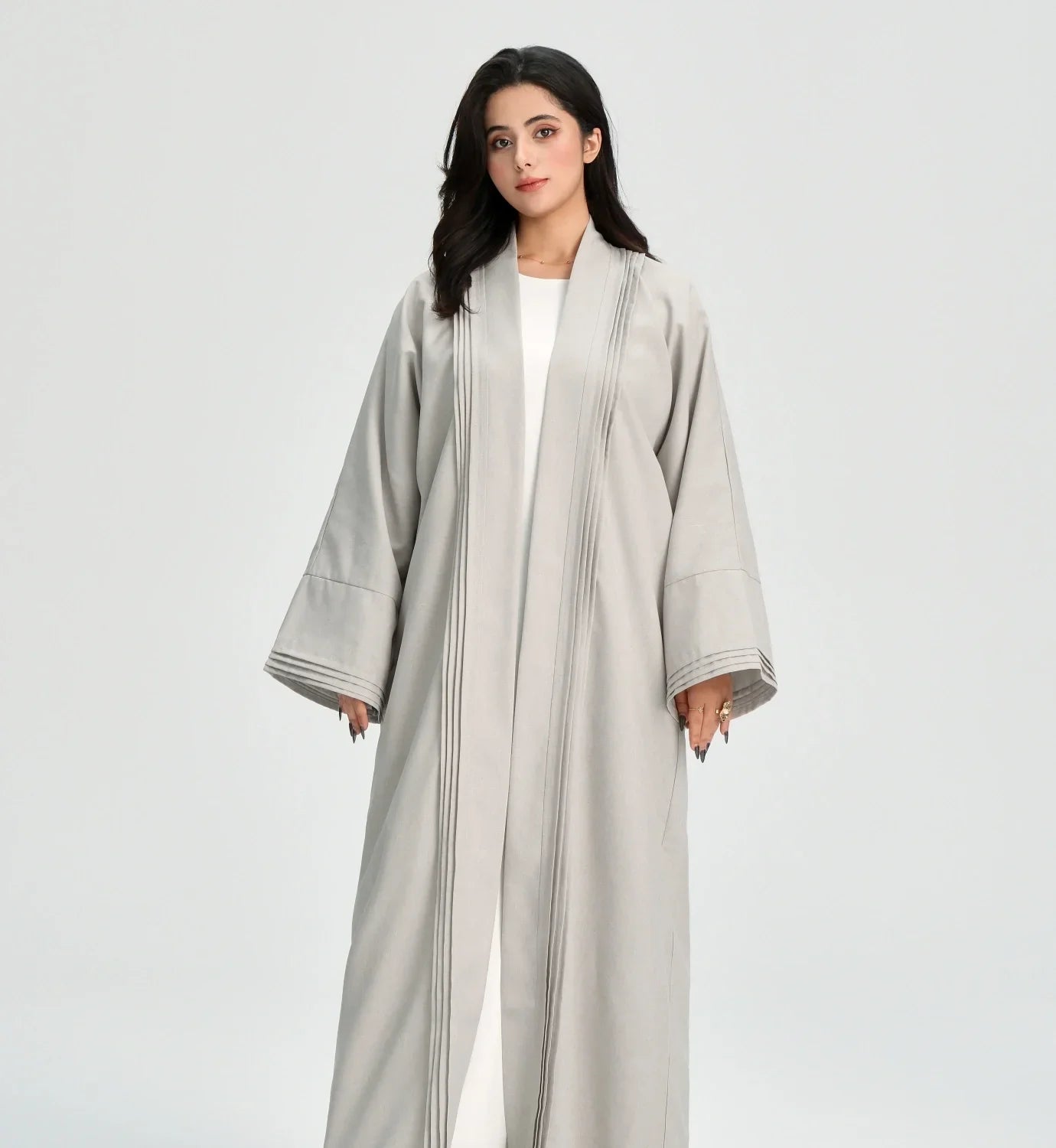LM110 Linen Textured Pleated Abaya with Pockets | Modest Open Cardigan Dress - LM110-Grey-S (52)-Cardigan Only LumosModesty