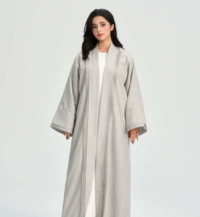 LM110 Linen Textured Pleated Abaya with Pockets | Modest Open Cardigan Dress - LM110-Grey-S (52)-Cardigan Only LumosModesty
