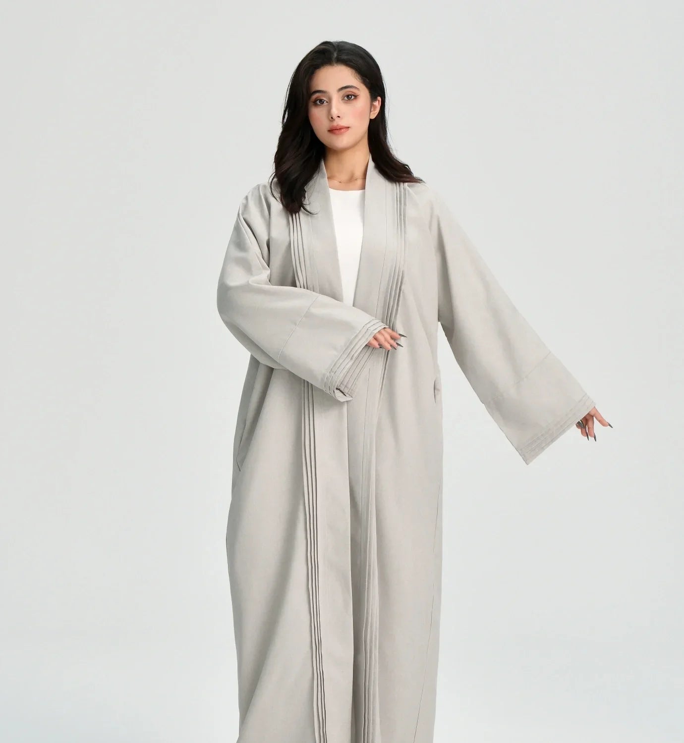LM110 Linen Textured Pleated Abaya with Pockets | Modest Open Cardigan Dress - LM110-Grey-S (52)-Cardigan Only LumosModesty