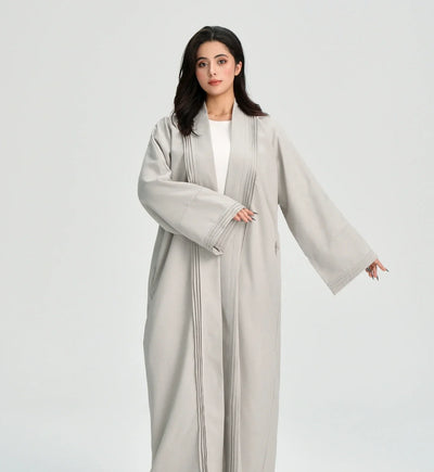 LM110 Linen Textured Pleated Abaya with Pockets | Modest Open Cardigan Dress - LM110-Grey-S (52)-Cardigan Only LumosModesty