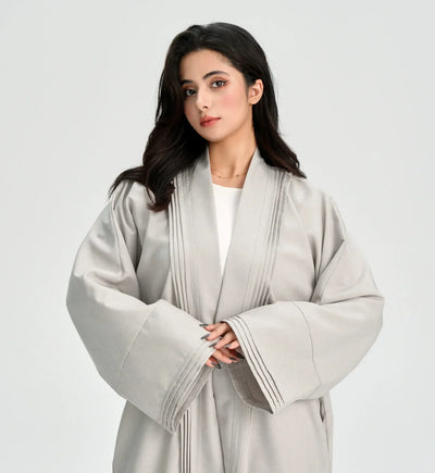 LM110 Linen Textured Pleated Abaya with Pockets | Modest Open Cardigan Dress - LM110-Grey-S (52)-Cardigan Only LumosModesty