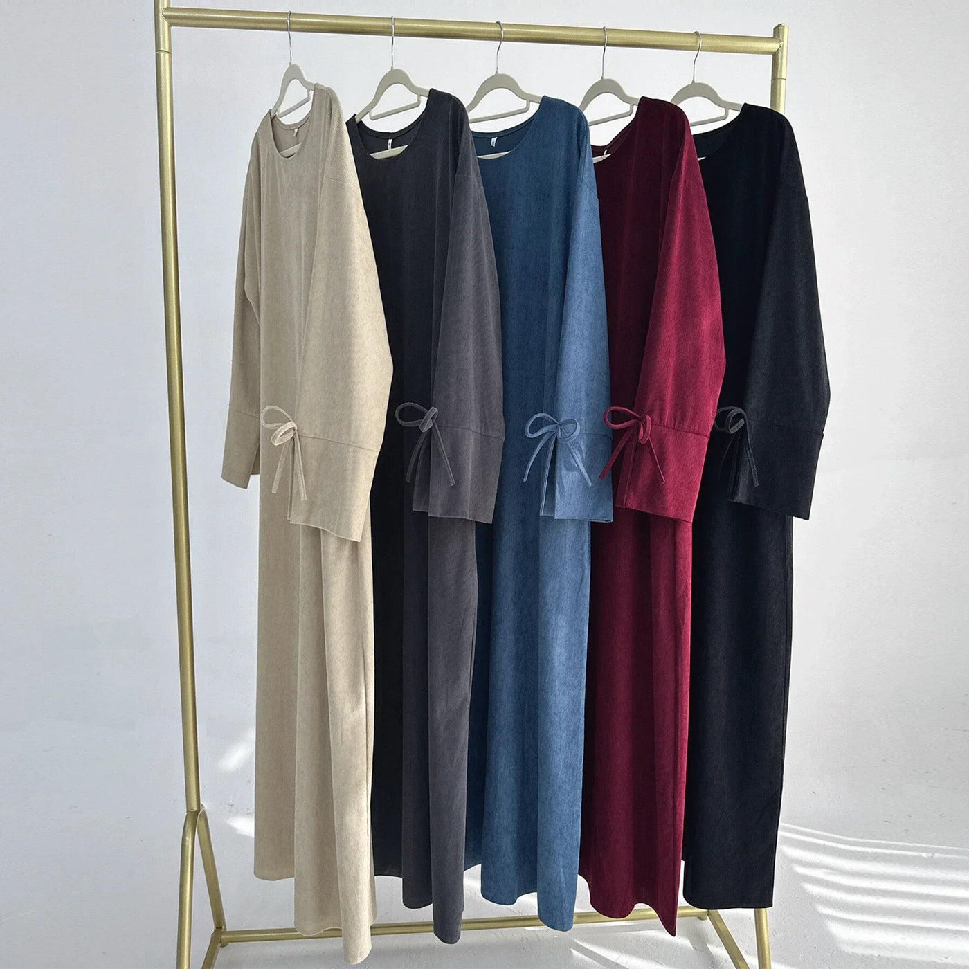 LM114 Corduroy Winter Abaya | Split Sleeve with Bow Detail | Modest Dress - LM114-Burgundy-S (52) LumosModesty