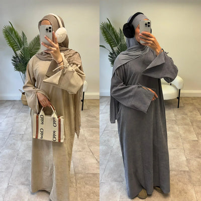 LM114 Corduroy Winter Abaya | Split Sleeve with Bow Detail | Modest Dress - LM114-Burgundy-S (52) LumosModesty