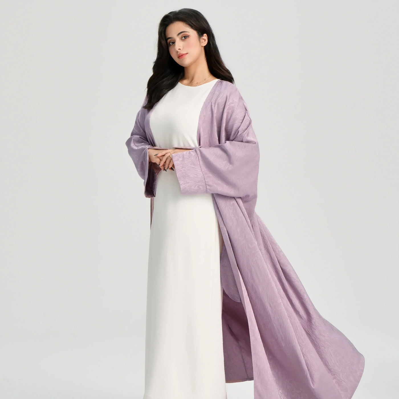 LM120 Jacquard Open Abaya | Split Sleeve Khaleeji Kaftan Cardigan - LM120-Minty Blue-FREE SIZE-Cardiagn Only LumosModesty