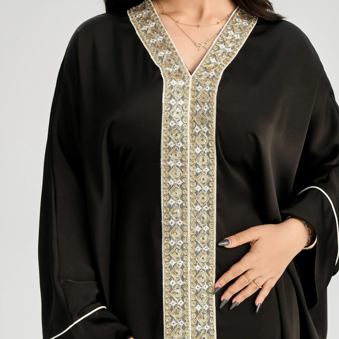 Gold Lace Kaftan Abaya with Inner Belt  LM122 Modest Khaleeji Dress Navy / Free Size