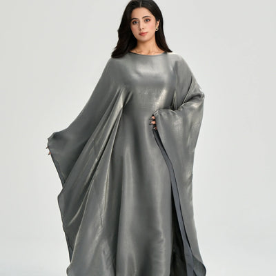 LM123 Butterfly Abaya Kaftan with Adjustable Belt – Shiny Modest Batwing Dress - LM123-Dark Grey-FREE SIZE LumosModesty