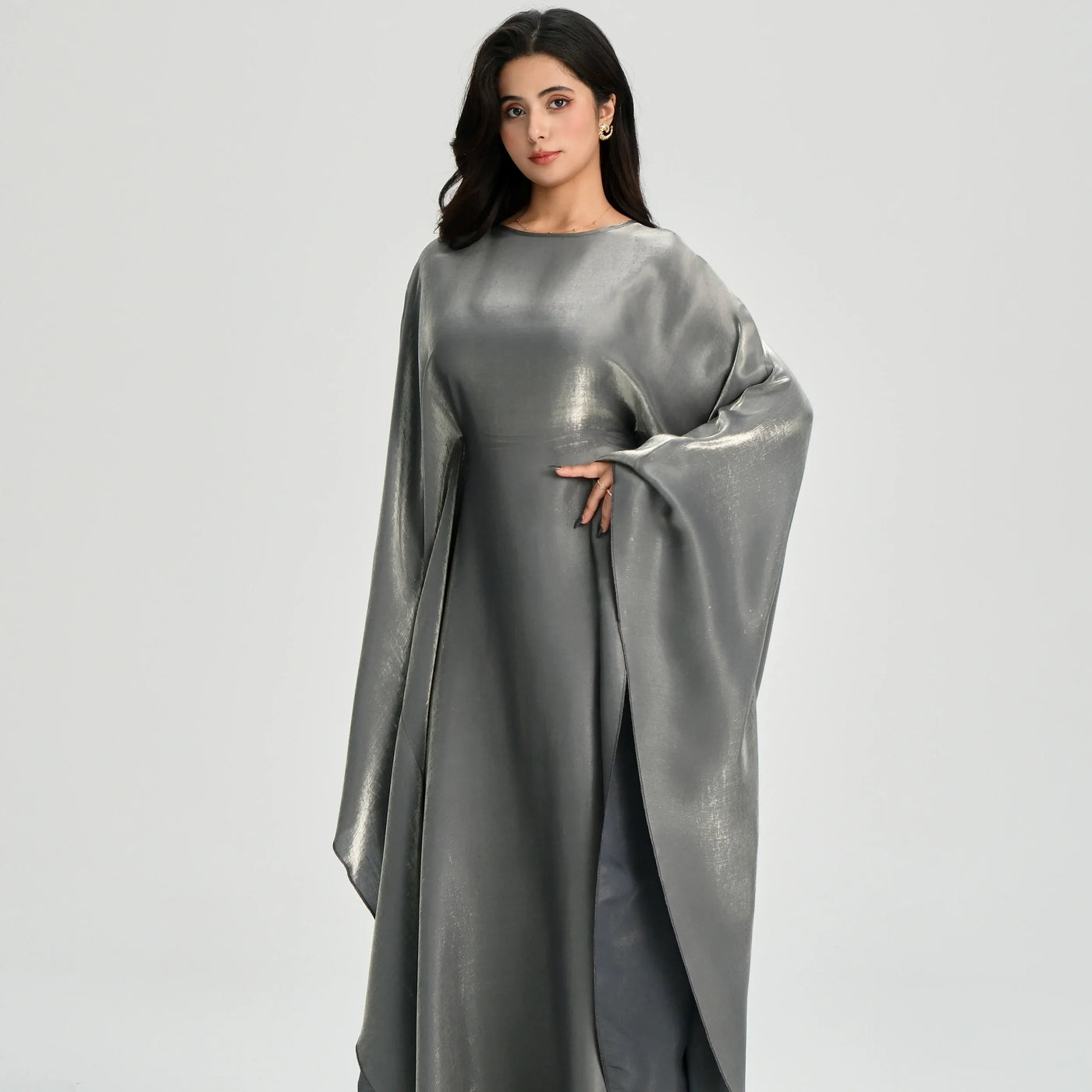 LM123 Butterfly Abaya Kaftan with Adjustable Belt – Shiny Modest Batwing Dress - LM123-Dark Grey-FREE SIZE LumosModesty
