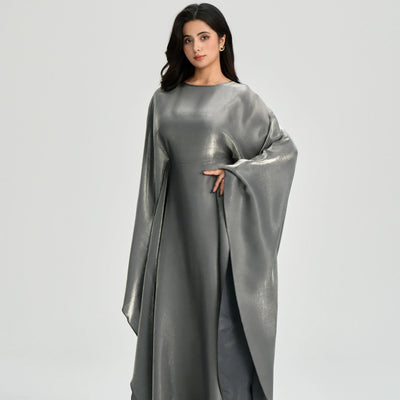 LM123 Butterfly Abaya Kaftan with Adjustable Belt – Shiny Modest Batwing Dress - LM123-Dark Grey-FREE SIZE LumosModesty