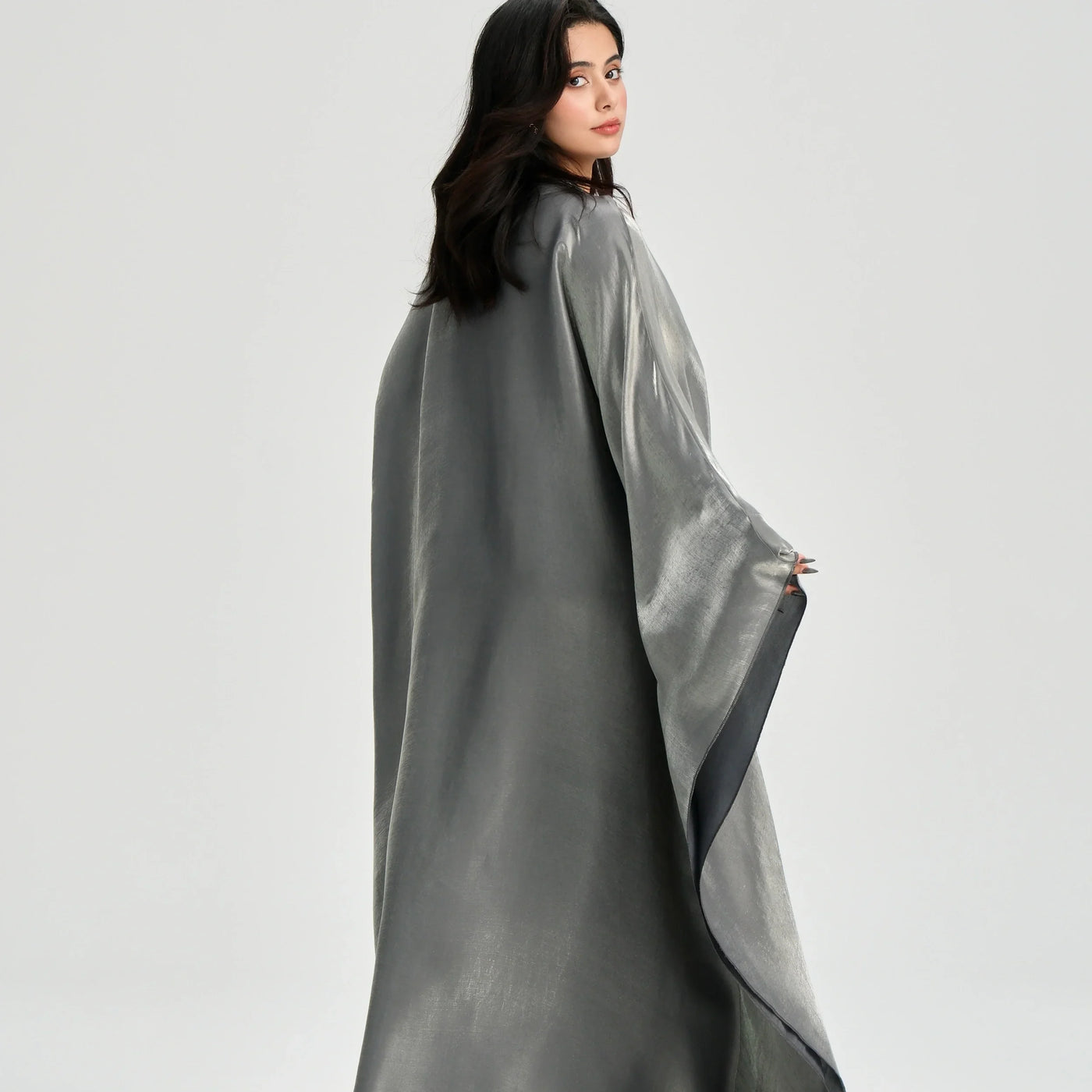 LM123 Butterfly Abaya Kaftan with Adjustable Belt – Shiny Modest Batwing Dress - LM123-Dark Grey-FREE SIZE LumosModesty