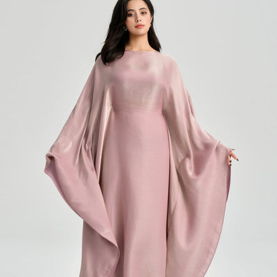LM123 Butterfly Abaya Kaftan with Adjustable Belt – Shiny Modest Batwing Dress - LM123-Dark Grey-FREE SIZE LumosModesty