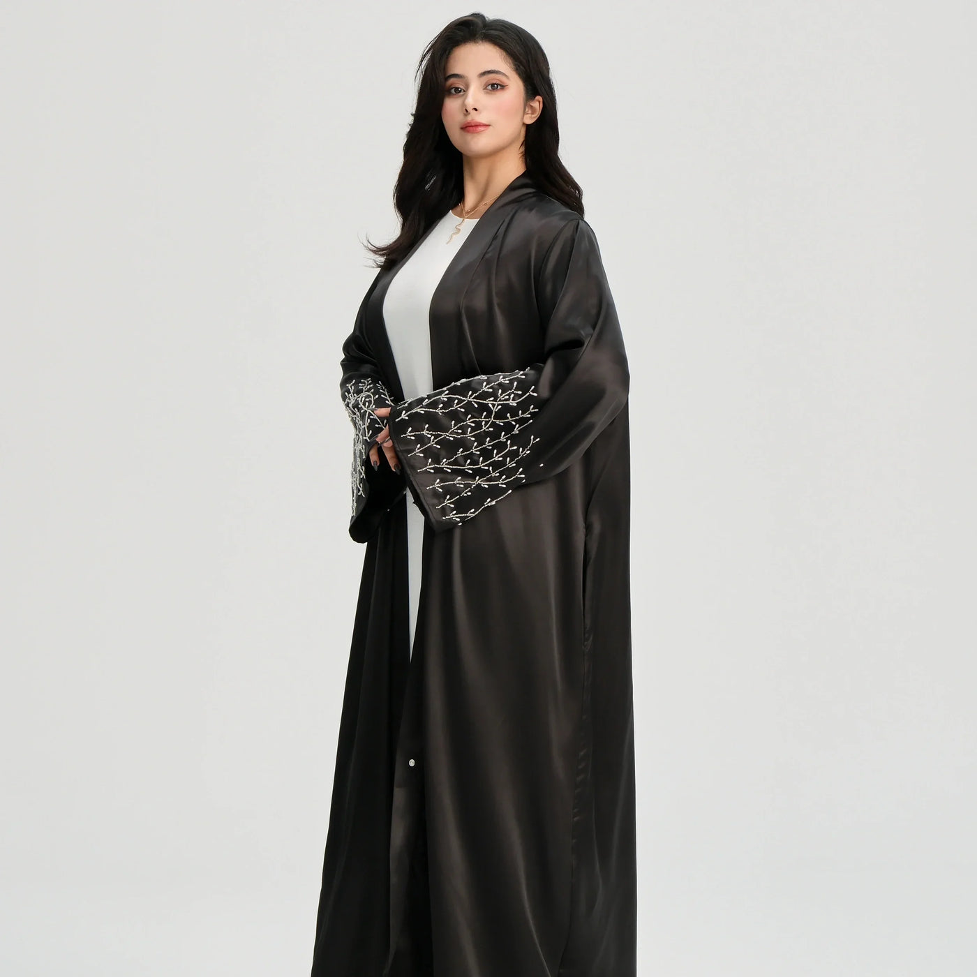 LM124 Pearl Beaded Rhinestone Satin Abaya | Elegant Open Cardigan for Women - LM124-Black-S (52) LumosModesty