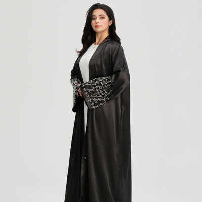 LM124 Pearl Beaded Rhinestone Satin Abaya | Elegant Open Cardigan for Women - LM124-Black-S (52) LumosModesty