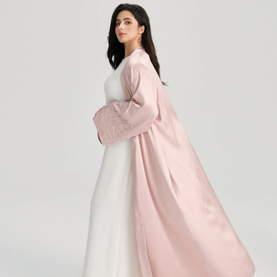 LM124 Pearl Beaded Rhinestone Satin Abaya | Elegant Open Cardigan for Women - LM124-Black-S (52) LumosModesty