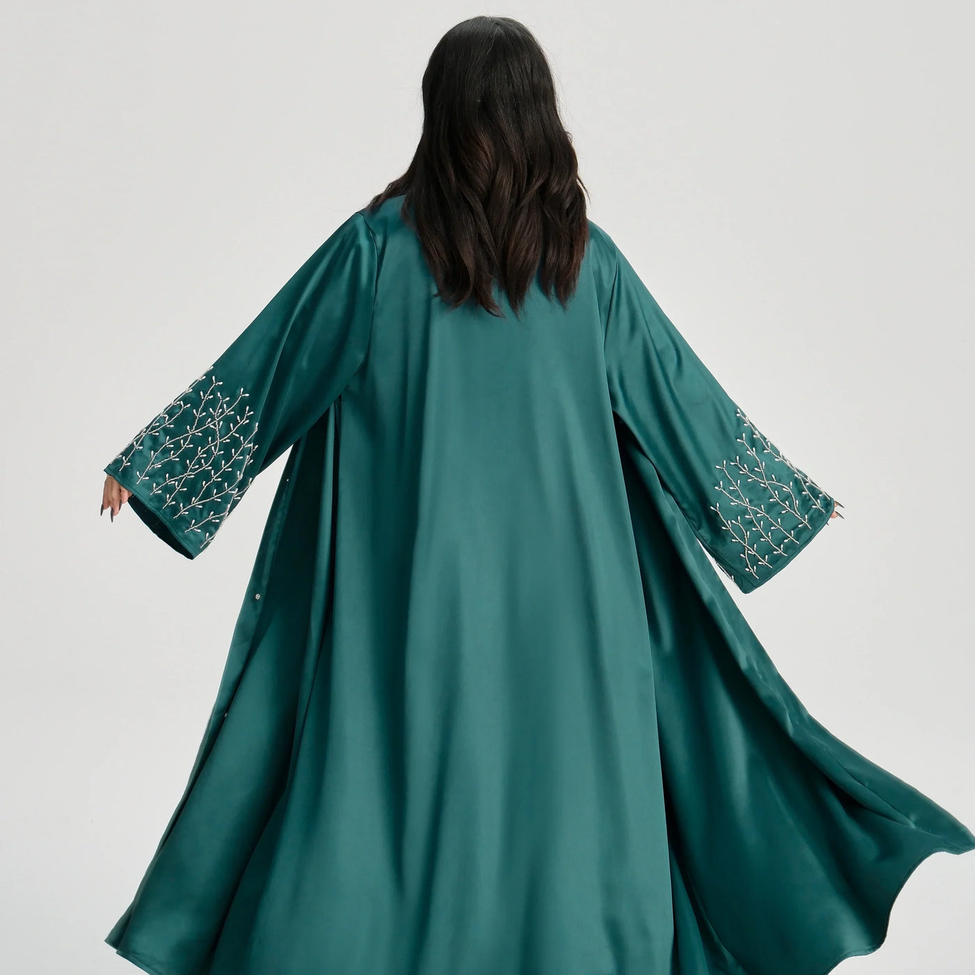 LM124 Pearl Beaded Rhinestone Satin Abaya | Elegant Open Cardigan for Women - LM124-Black-S (52) LumosModesty