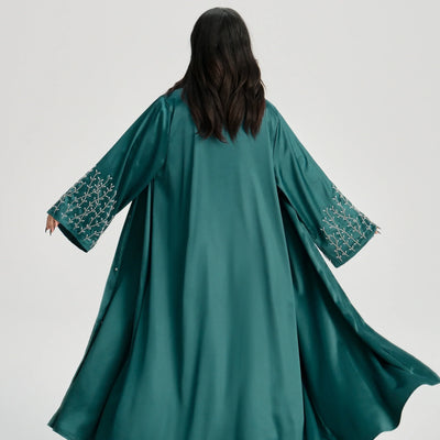 LM124 Pearl Beaded Rhinestone Satin Abaya | Elegant Open Cardigan for Women - LM124-Black-S (52) LumosModesty