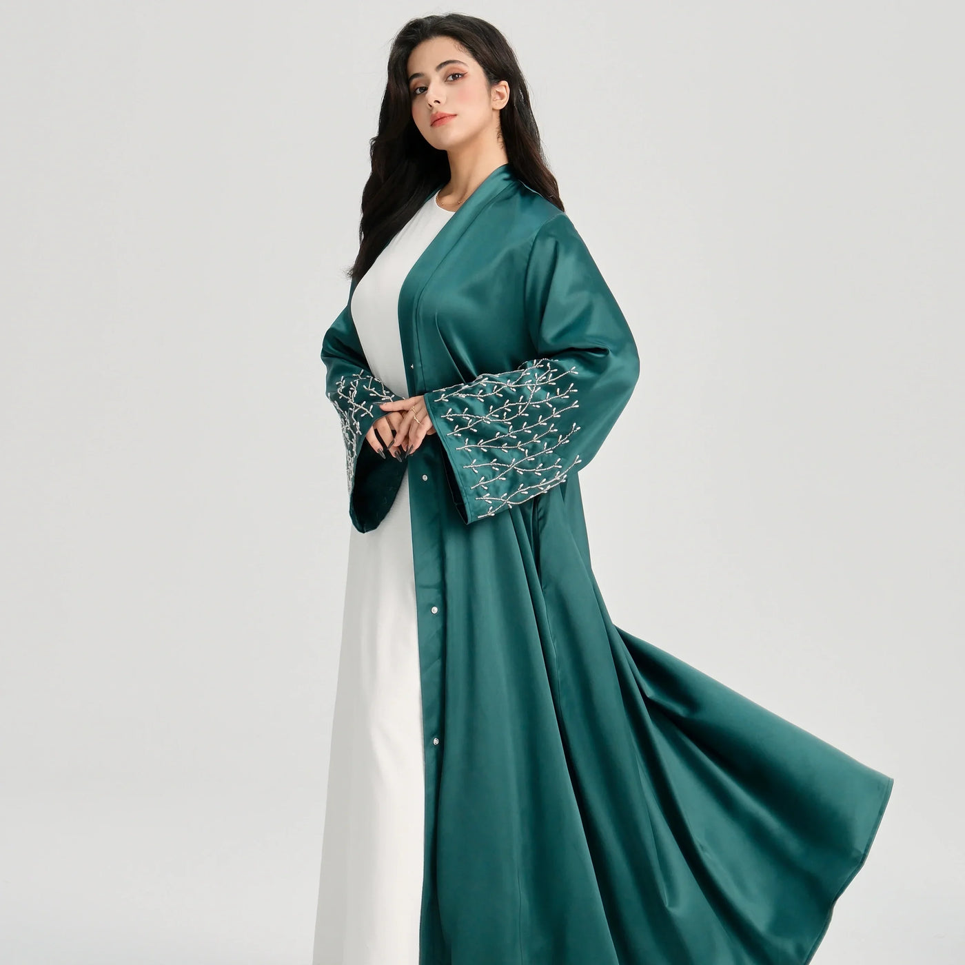 LM124 Pearl Beaded Rhinestone Satin Abaya | Elegant Open Cardigan for Women - LM124-Black-S (52) LumosModesty