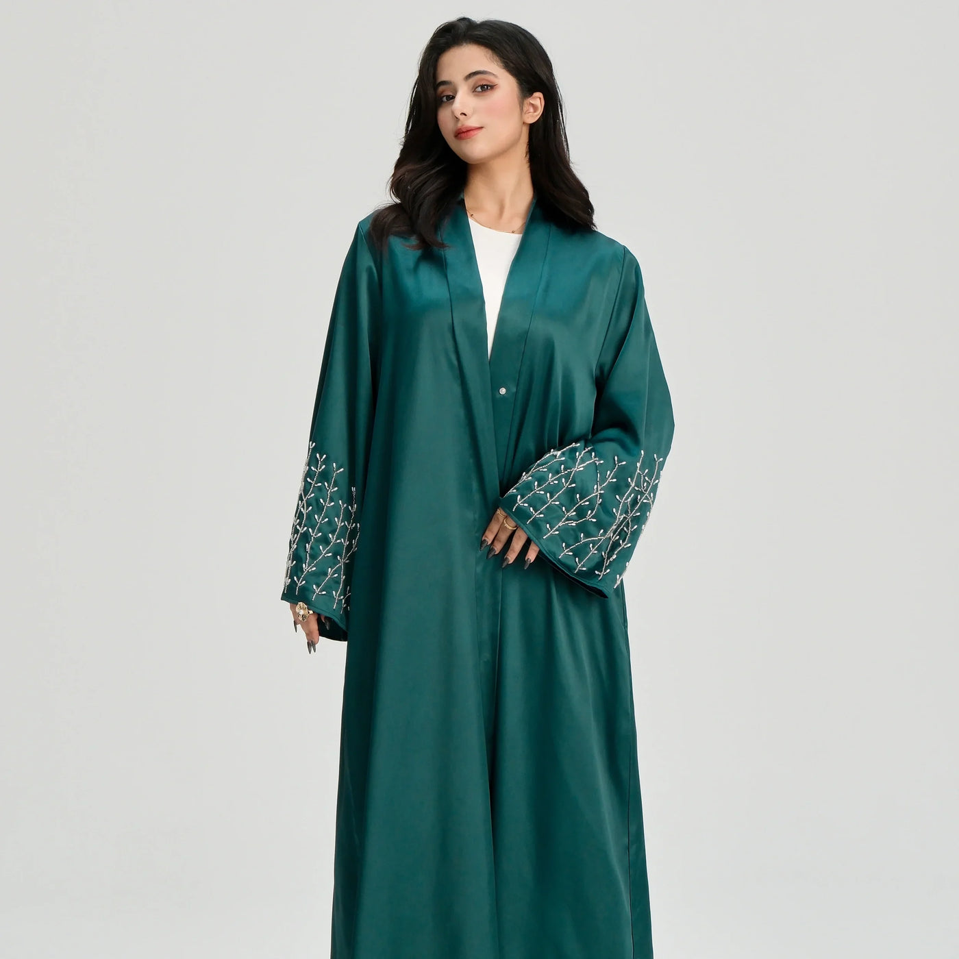 LM124 Pearl Beaded Rhinestone Satin Abaya | Elegant Open Cardigan for Women - LM124-Black-S (52) LumosModesty