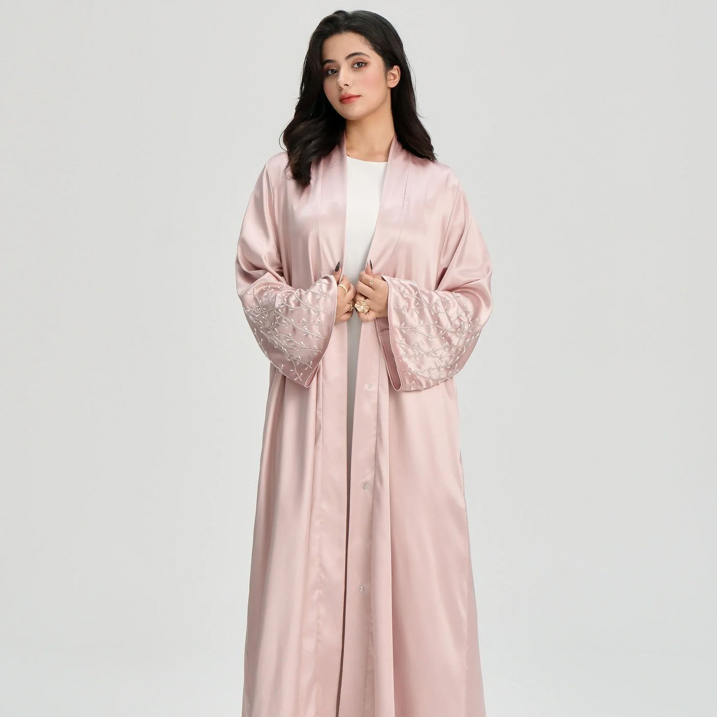 LM124 Pearl Beaded Rhinestone Satin Abaya | Elegant Open Cardigan for Women - LM124-Black-S (52) LumosModesty