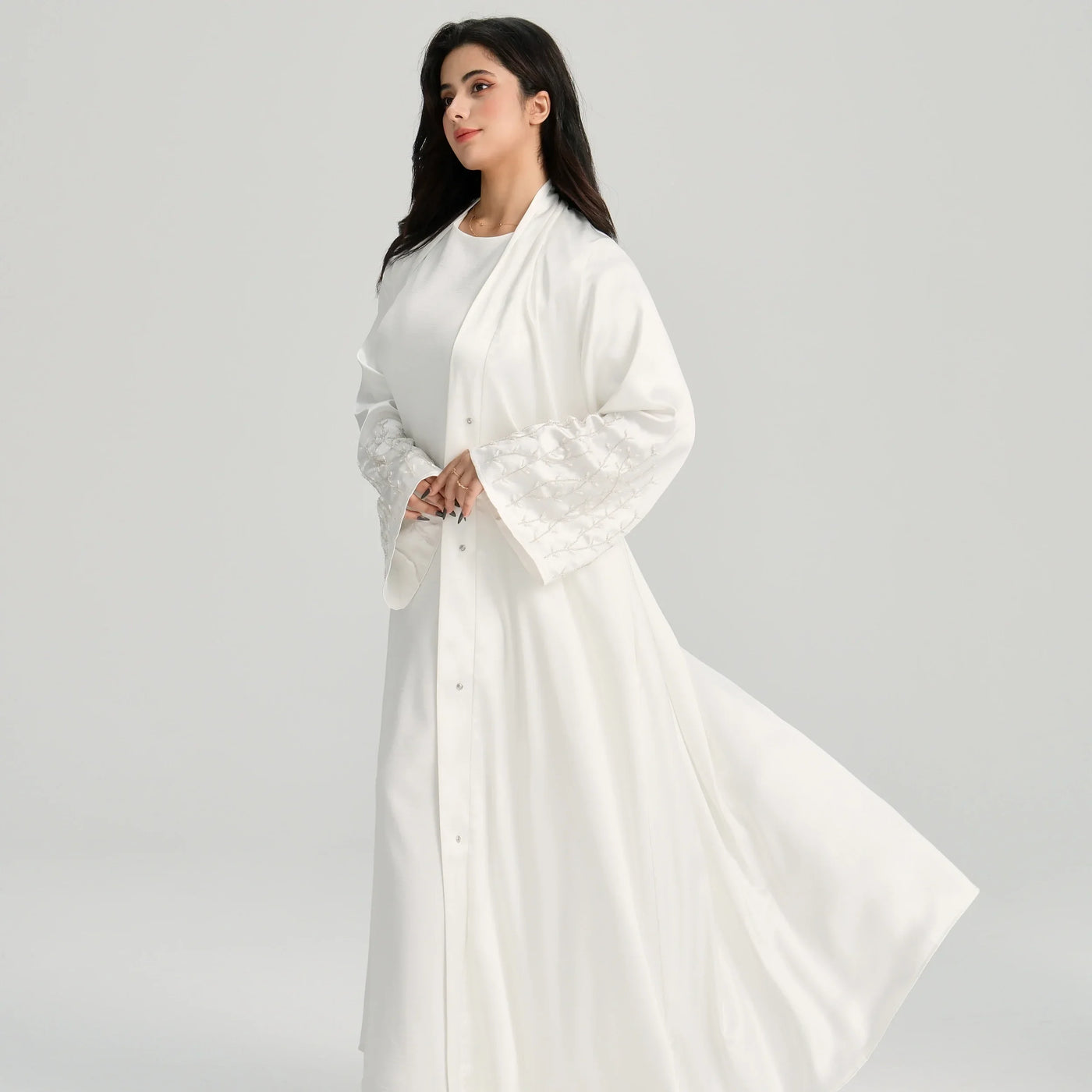 LM124 Pearl Beaded Rhinestone Satin Abaya | Elegant Open Cardigan for Women - LM124-Black-S (52) LumosModesty