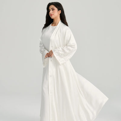 LM124 Pearl Beaded Rhinestone Satin Abaya | Elegant Open Cardigan for Women - LM124-Black-S (52) LumosModesty