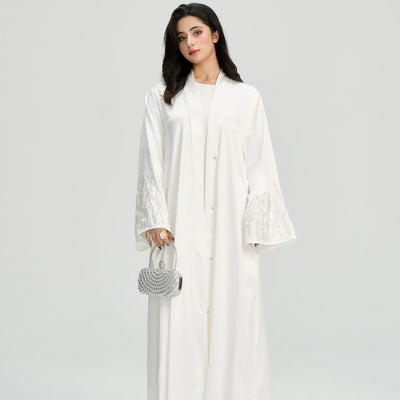 LM124 Pearl Beaded Rhinestone Satin Abaya | Elegant Open Cardigan for Women - LM124-Black-S (52) LumosModesty