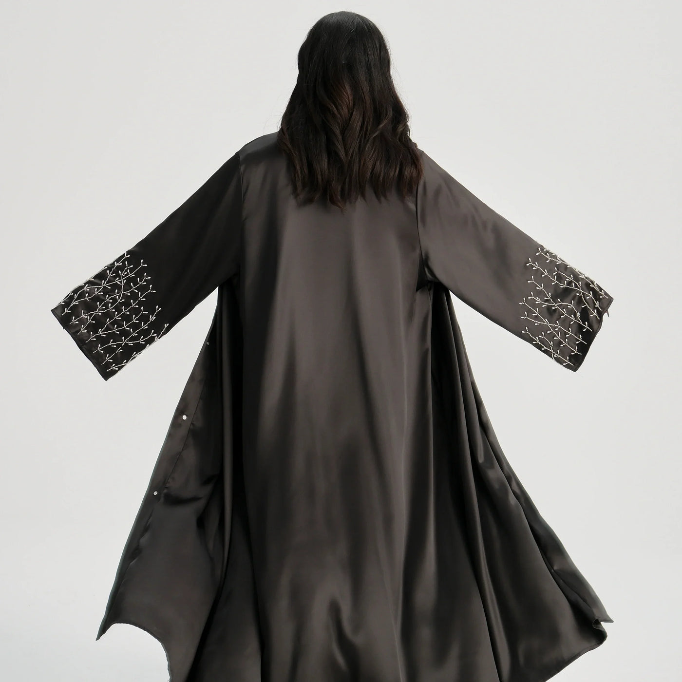 LM124 Pearl Beaded Rhinestone Satin Abaya | Elegant Open Cardigan for Women - LM124-Black-S (52) LumosModesty